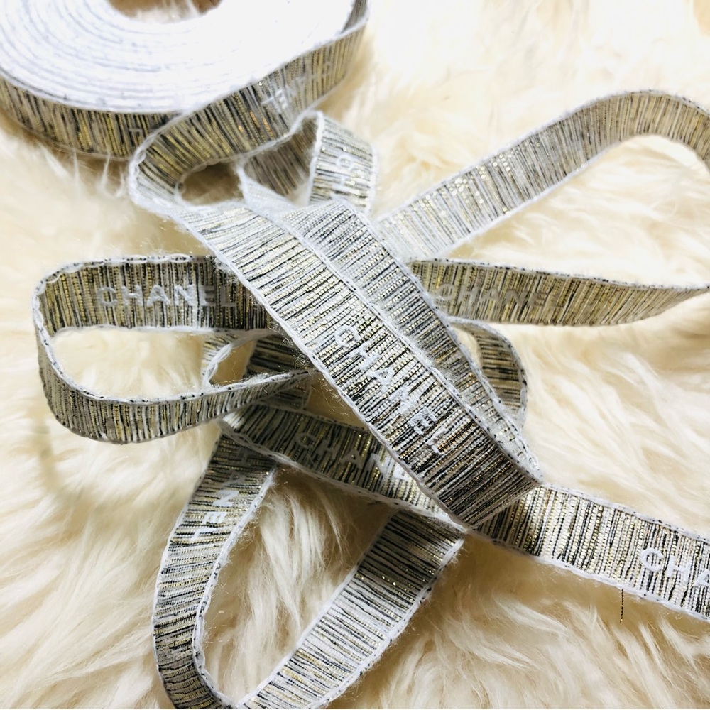New Full Roll CHANEL Gold Glittered & Metallic Gold Lettering Ribbon